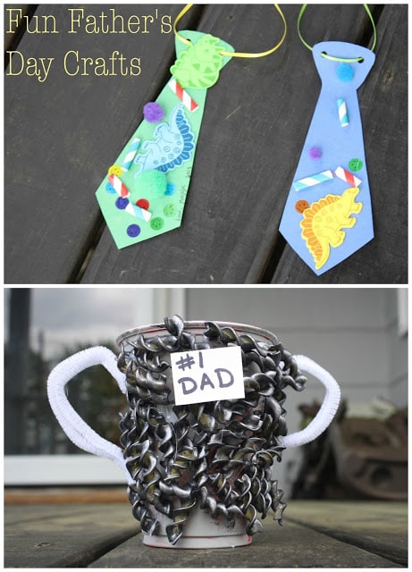 Fun Father's Day Craft Ideas for kids. Fathers Day paper tye (top) and #1 Dad trophy (bottom)