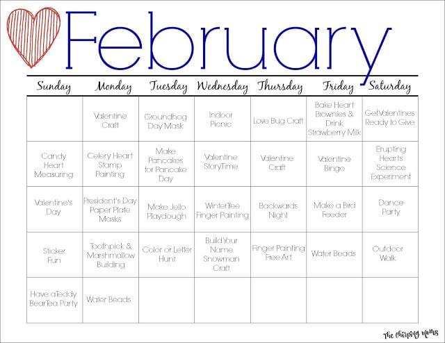 February Printable Activity Calendar for Kids || The Chirping Moms