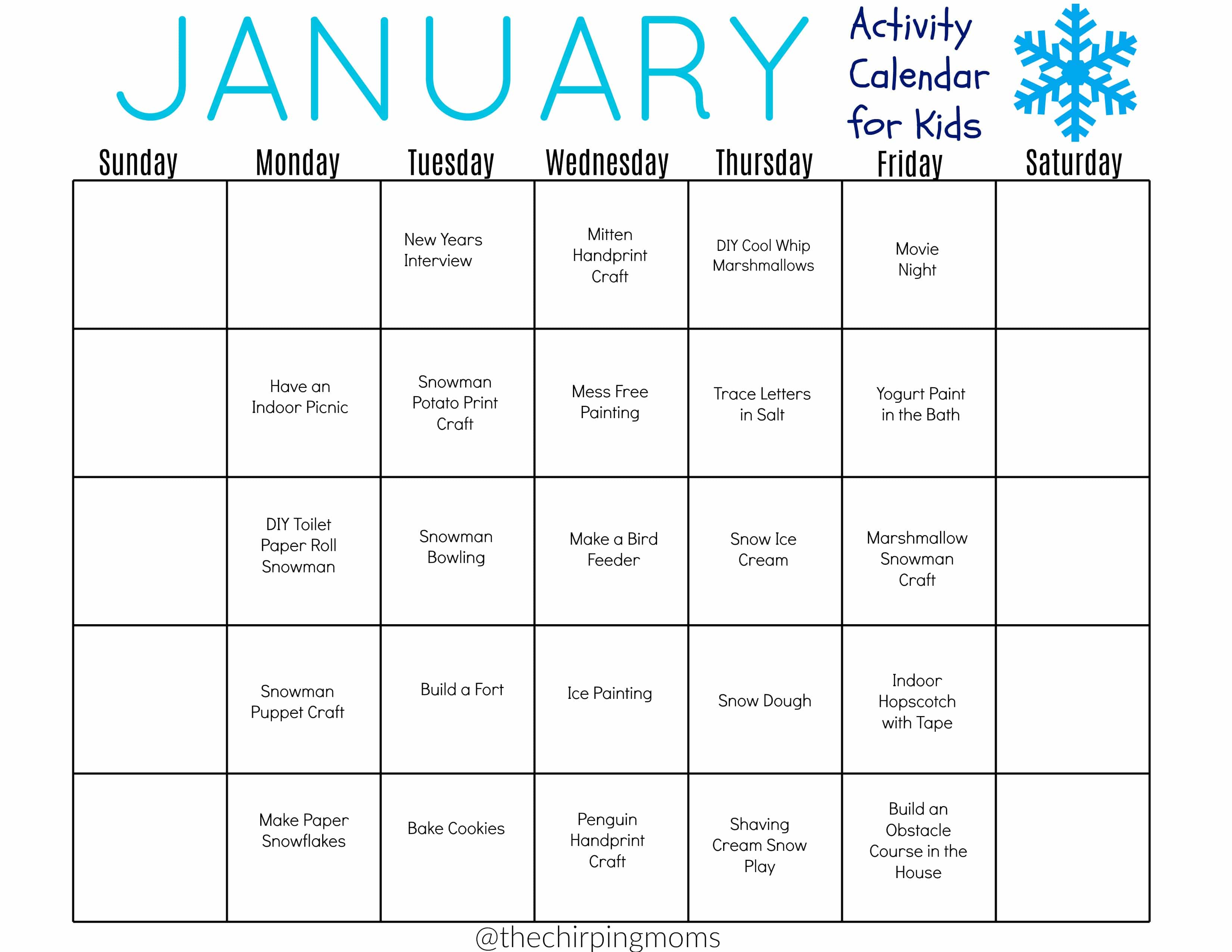 January Activities for Kids with a FREE Printable Calendar January Activities for Kids with a FREE Printable Calendar