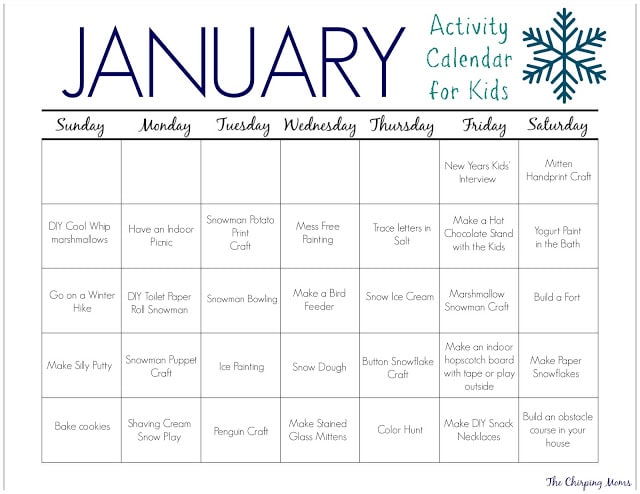 31 January Activities & Crafts for Kids (Free Activity Calendar) || The Chirping Moms