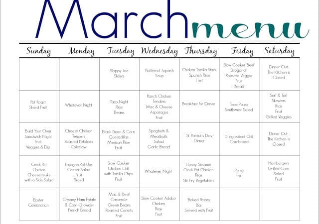 March Meal Plan for Families (Free Printable)