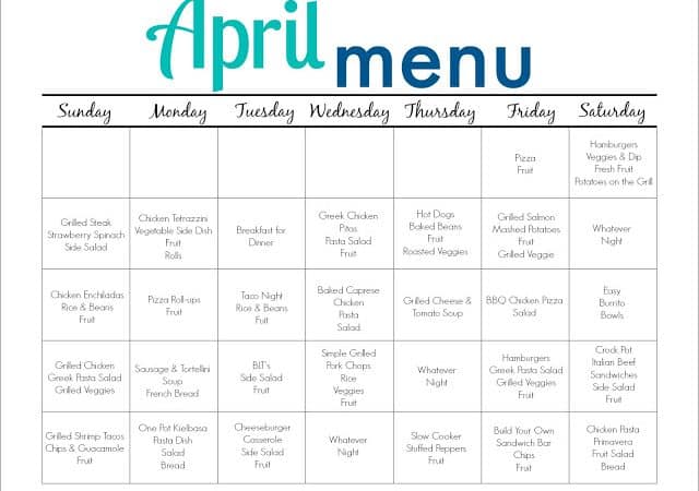 April Meal Plan for Families (Free Printable)