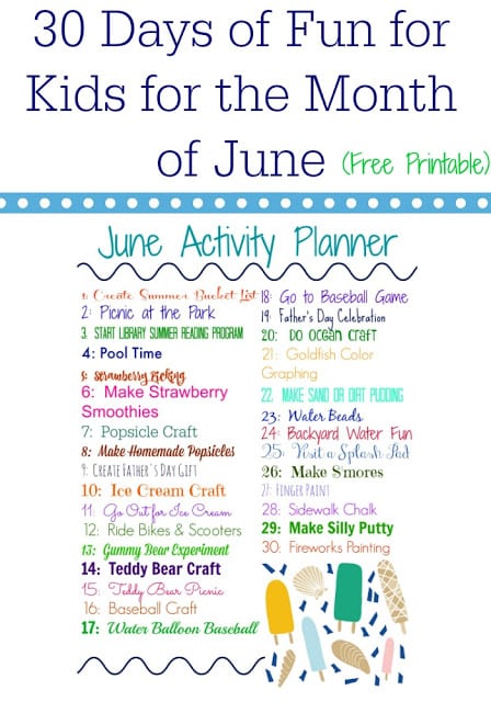 June activity planner for kids- 30 days of fun free printable!