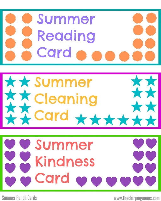 Summer Punch Cards for Kids template for reading, cleaning and kindness