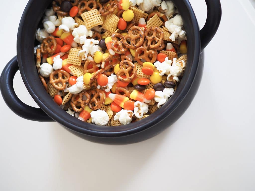 easy  Halloween snack mix in cauldron