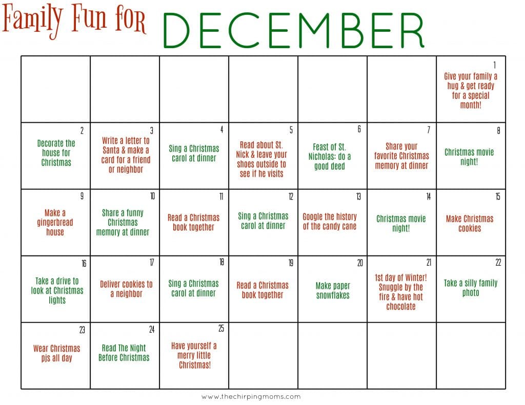 free printable december family calendar
