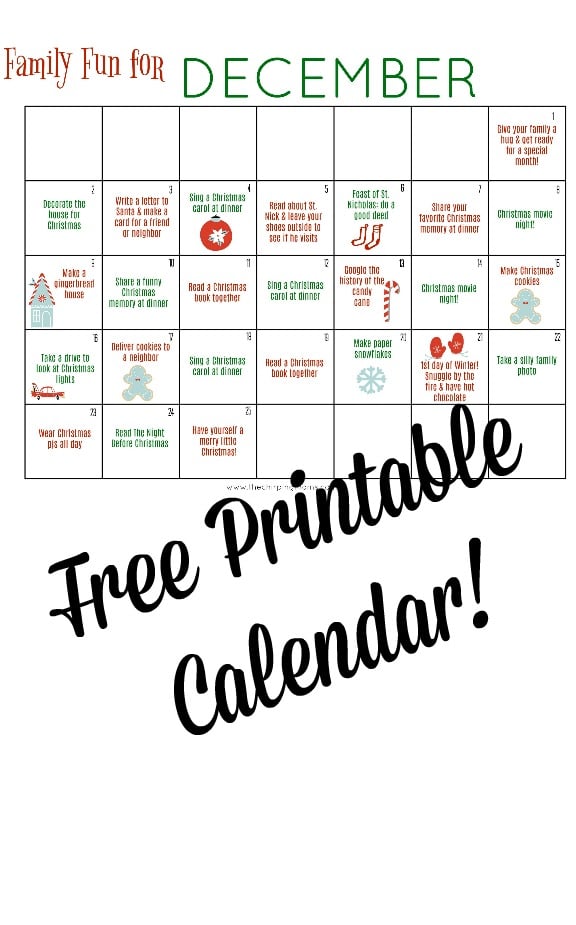 free printable calendar for december