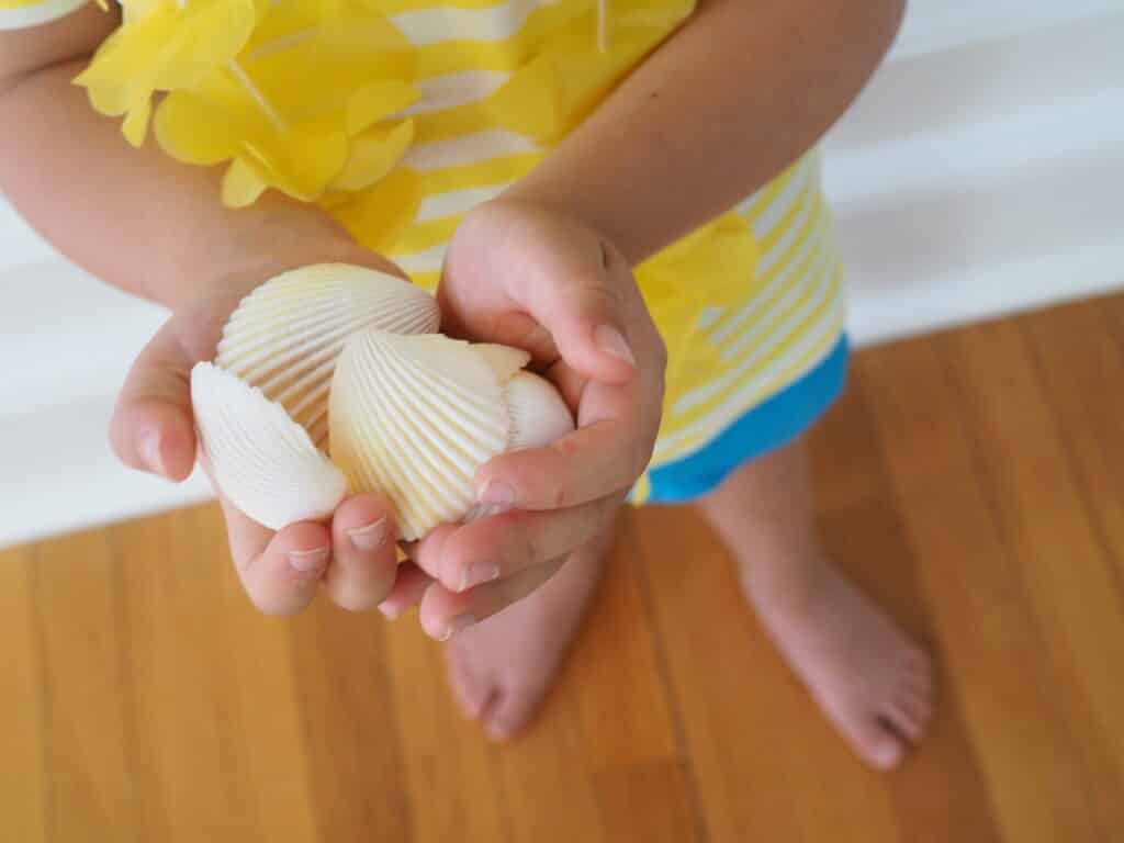 Luau Activities for kids- child holding shells to pain