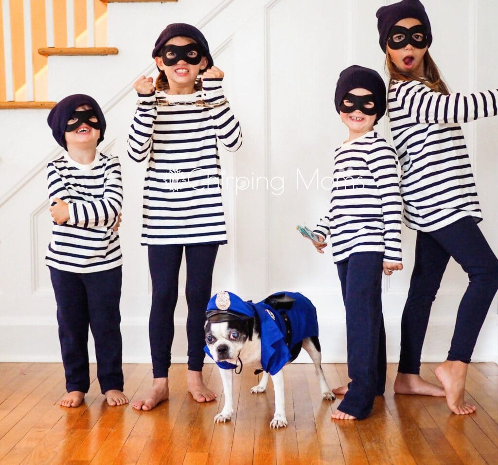 Family Halloween Costume With The Dog Police officer and burglars