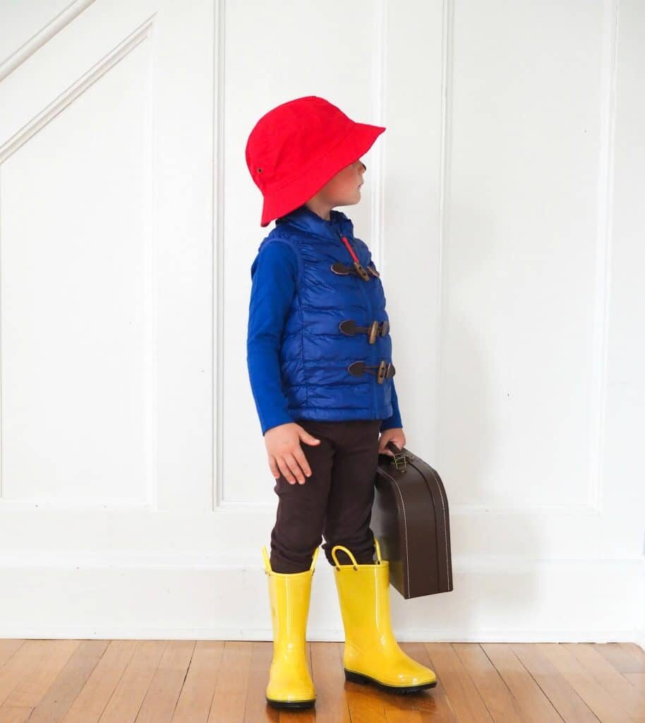 Book Character Costumes Paddington Bear Costume with red hat, blue vest and yellow rain boots